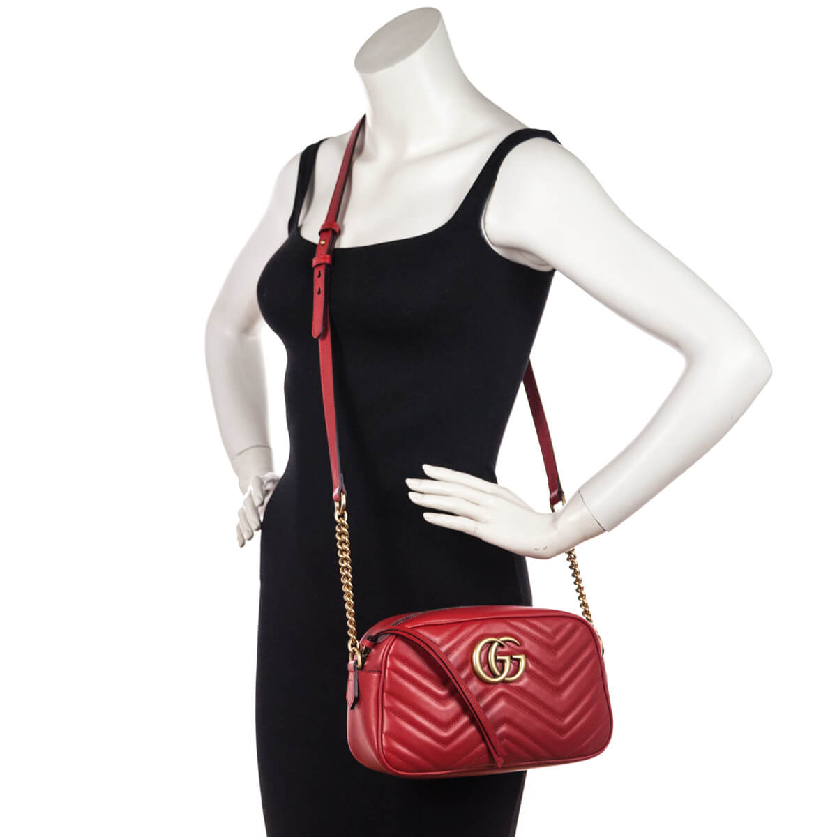 Gucci Hibiscus Red Calfskin Matelasse Small GG Marmont Chain Crossbody