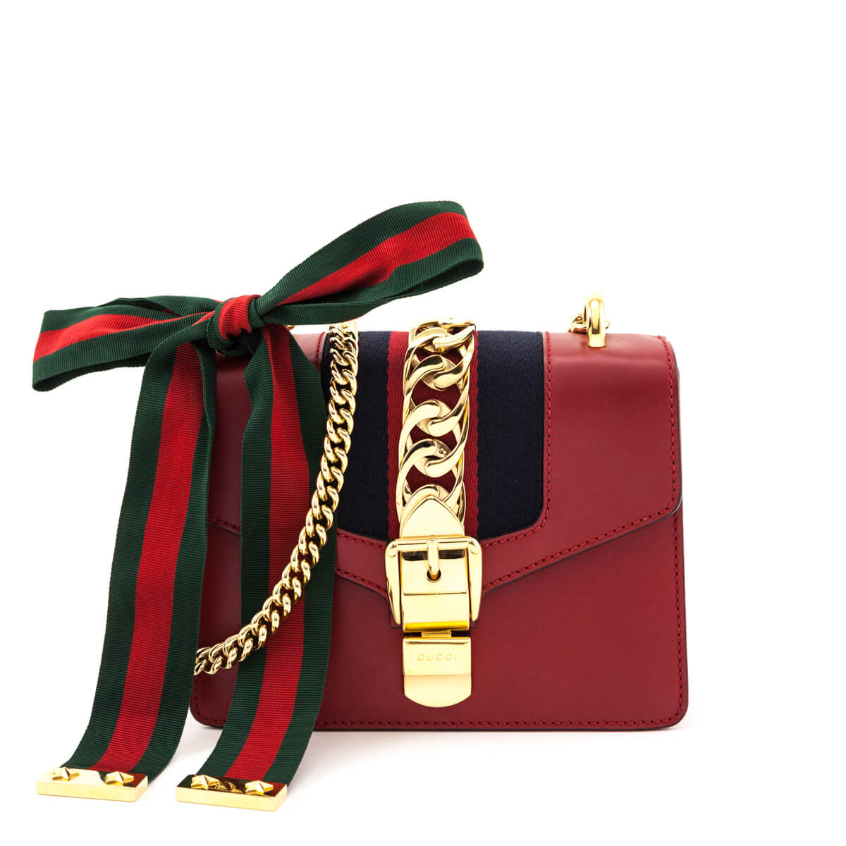 Gucci Hibiscus Red Calfskin Mini Sylvie Chain Shoulder Bag