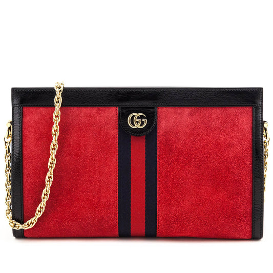 Gucci Red Suede Patent GG Web Medium Ophidia Chain Shoulder Bag