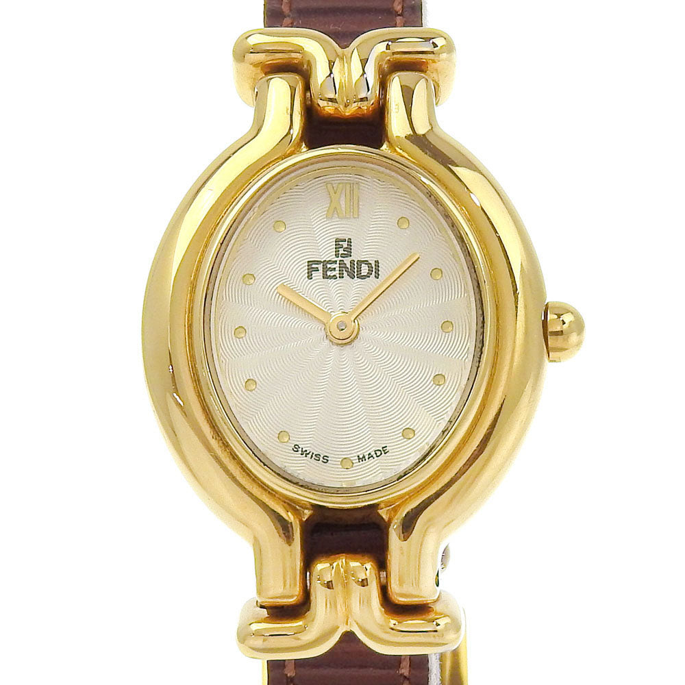 FENDI Watches Quartz 640L Plated Gold, embossed leather gold Change belt Oval Silver dial