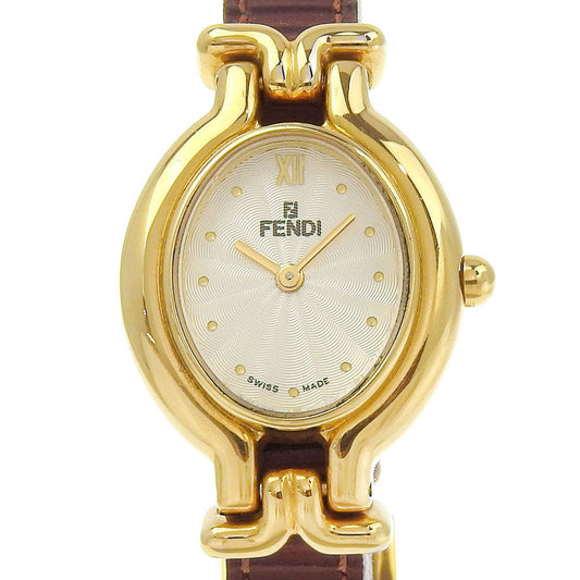 FENDI Watches Quartz 640L Plated Gold, embossed leather gold Change belt Oval Silver dial