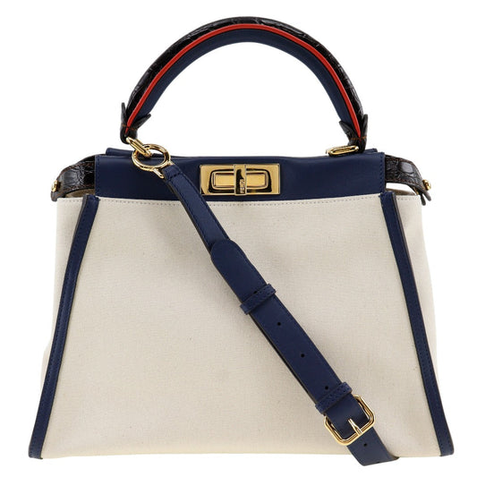FENDI Handbag 8BN290 Canvas, Calfskin White / navy 2WAYShoulder Peekaboo Women Used