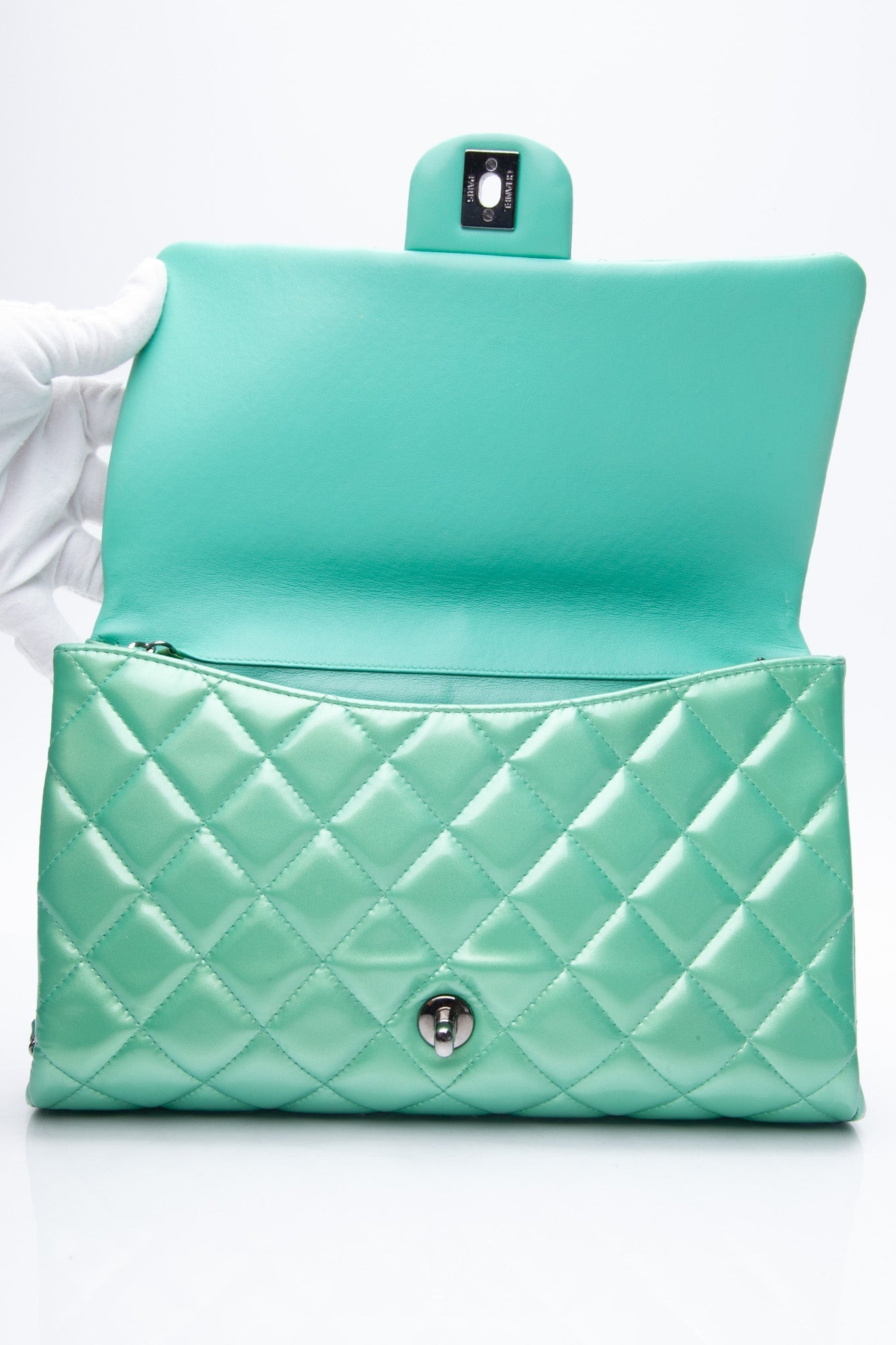 CHANEL Timeless Clutch On Chain Patent Leather Green