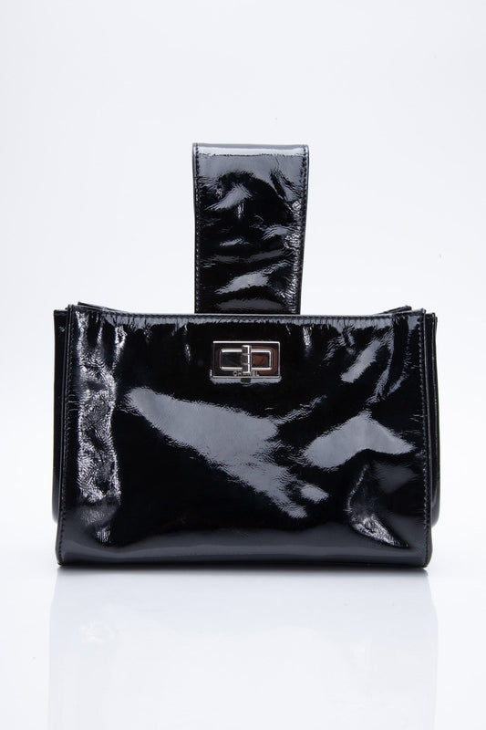 CHANEL Black Patent Mademoiselle Lock Convertible Clutch Bag