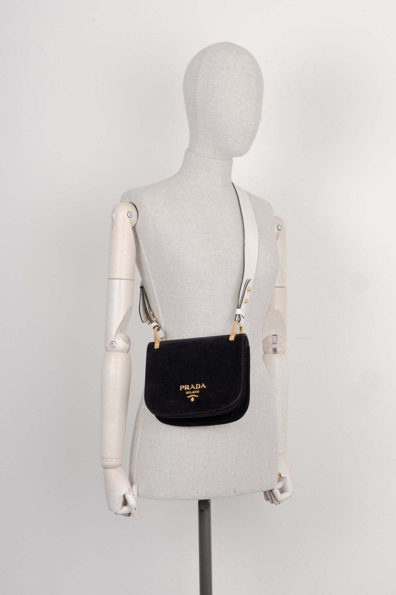 PRADA Pionniere Shoulder Bag Velvet & Leather Black & White