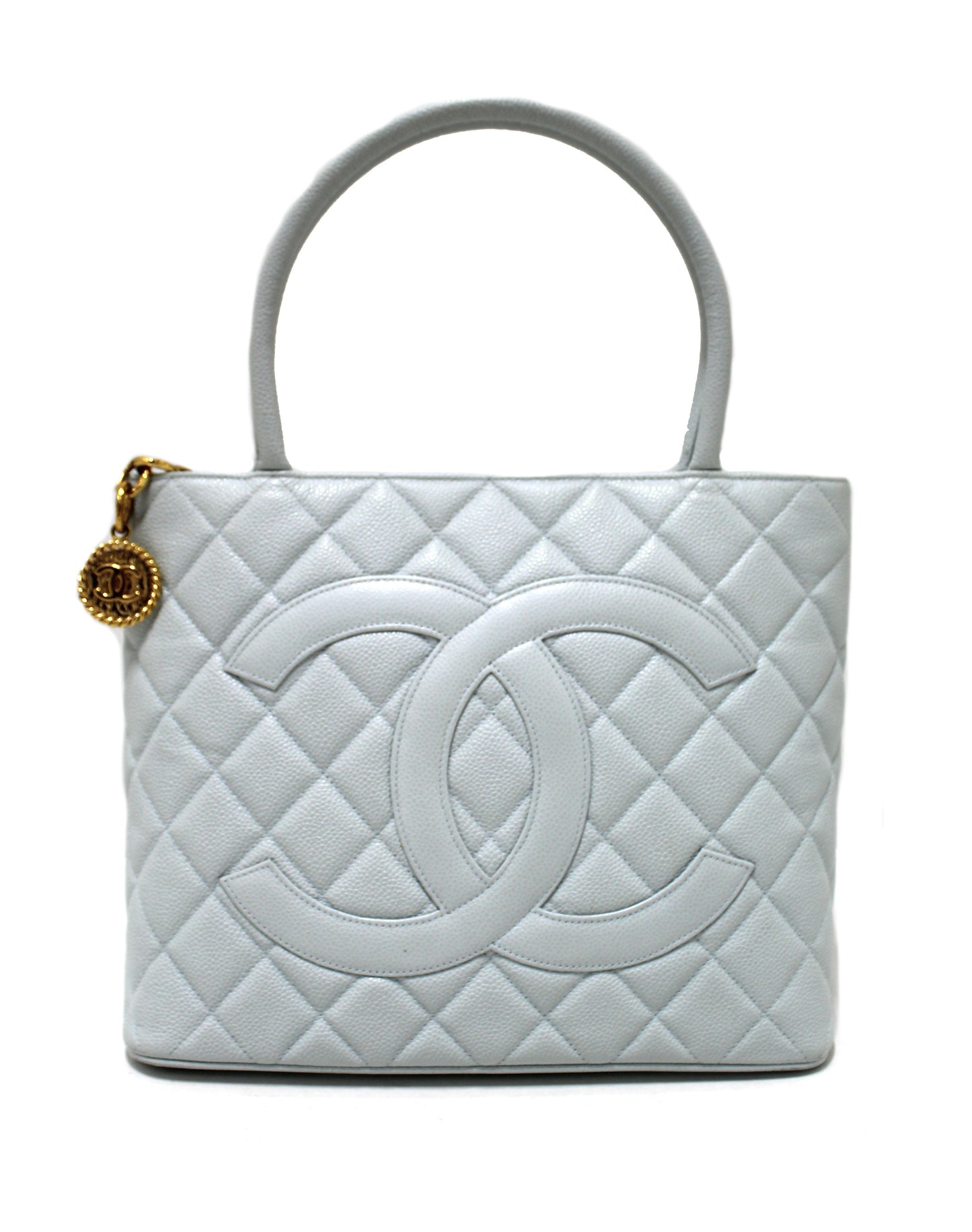 Chanel Light Blue Caviar Leather Medallion Shoulder Tote Bag