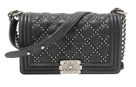 Chanel Studded Black Quilted Distressed Calfskin Old Medium Boy Flap Shoulder Bag