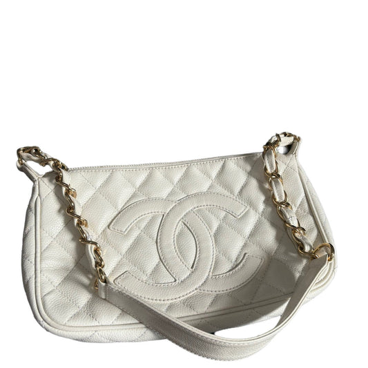 Chanel Clutch Shoulder Bag White Caviar Leather Gold Hardware