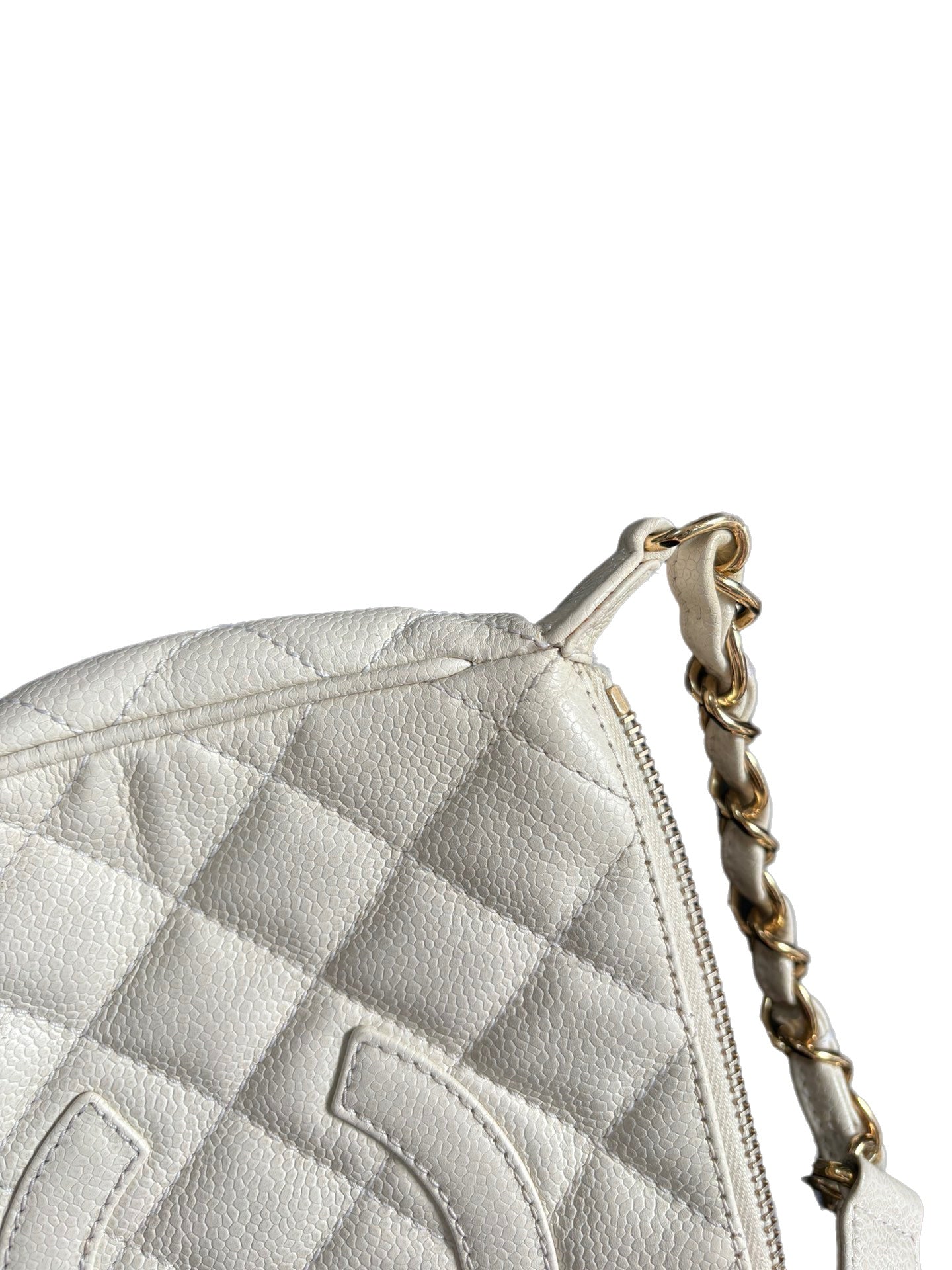 Chanel Clutch Shoulder Bag White Caviar Leather Gold Hardware