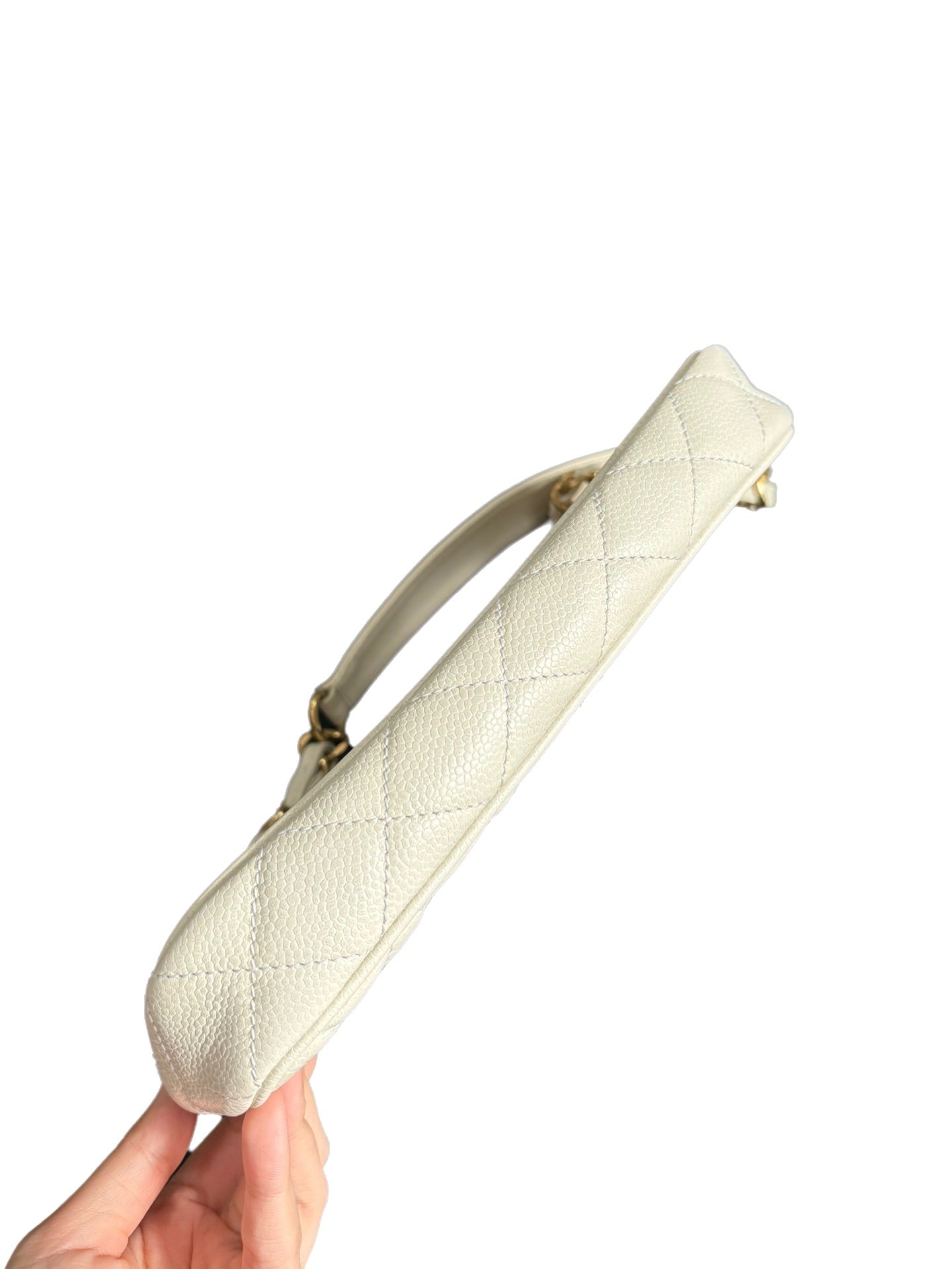 Chanel Clutch Shoulder Bag White Caviar Leather Gold Hardware