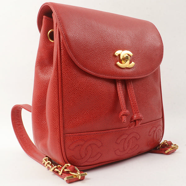 Chanel Around 1995 Made Caviar Skin Cc Mark Plate Backpack Red