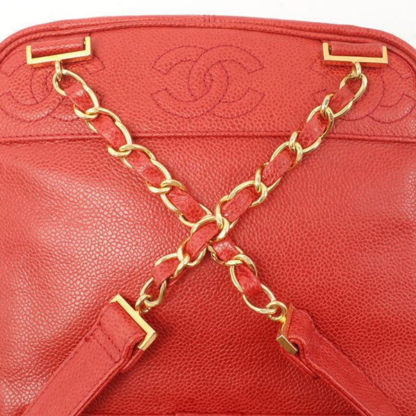 Chanel Around 1995 Made Caviar Skin Cc Mark Plate Backpack Red