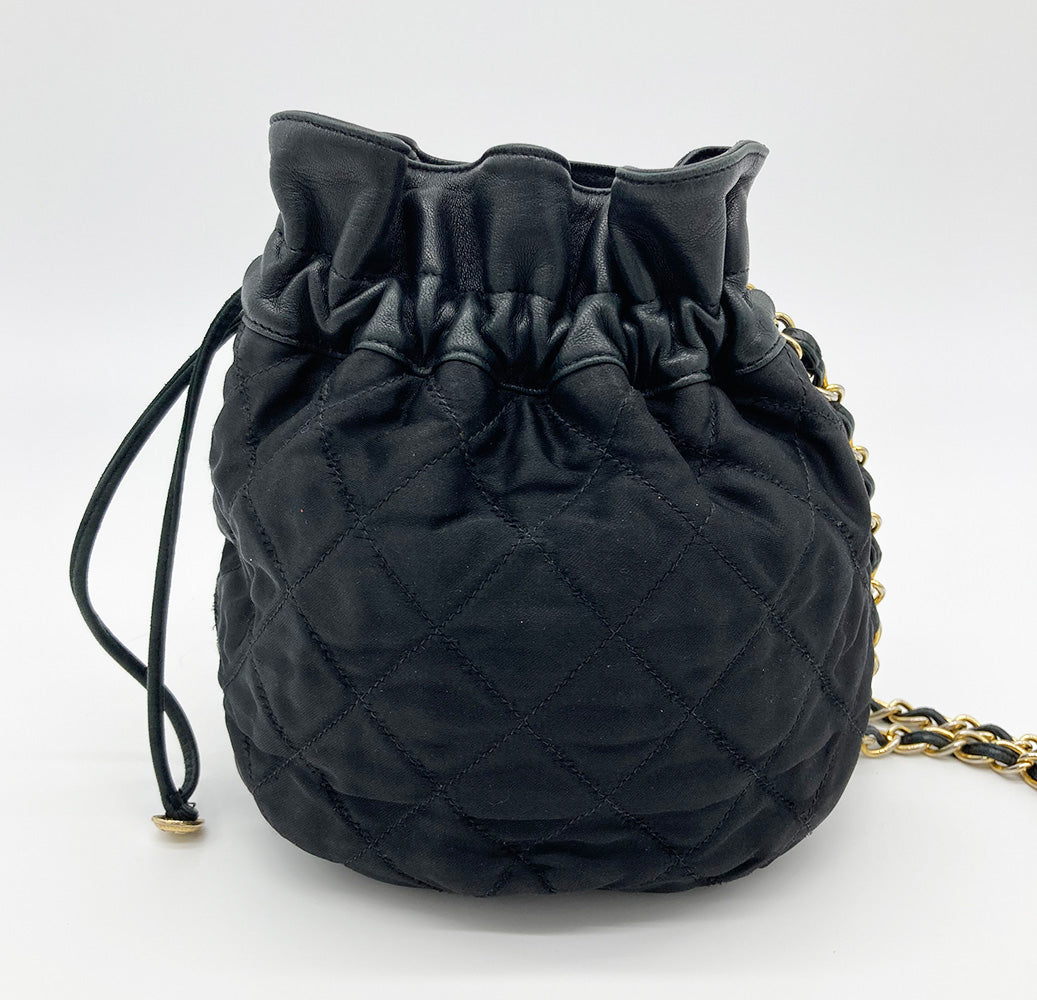 Vintage Chanel Black Satin & Leather Drawstring Bucket Bag