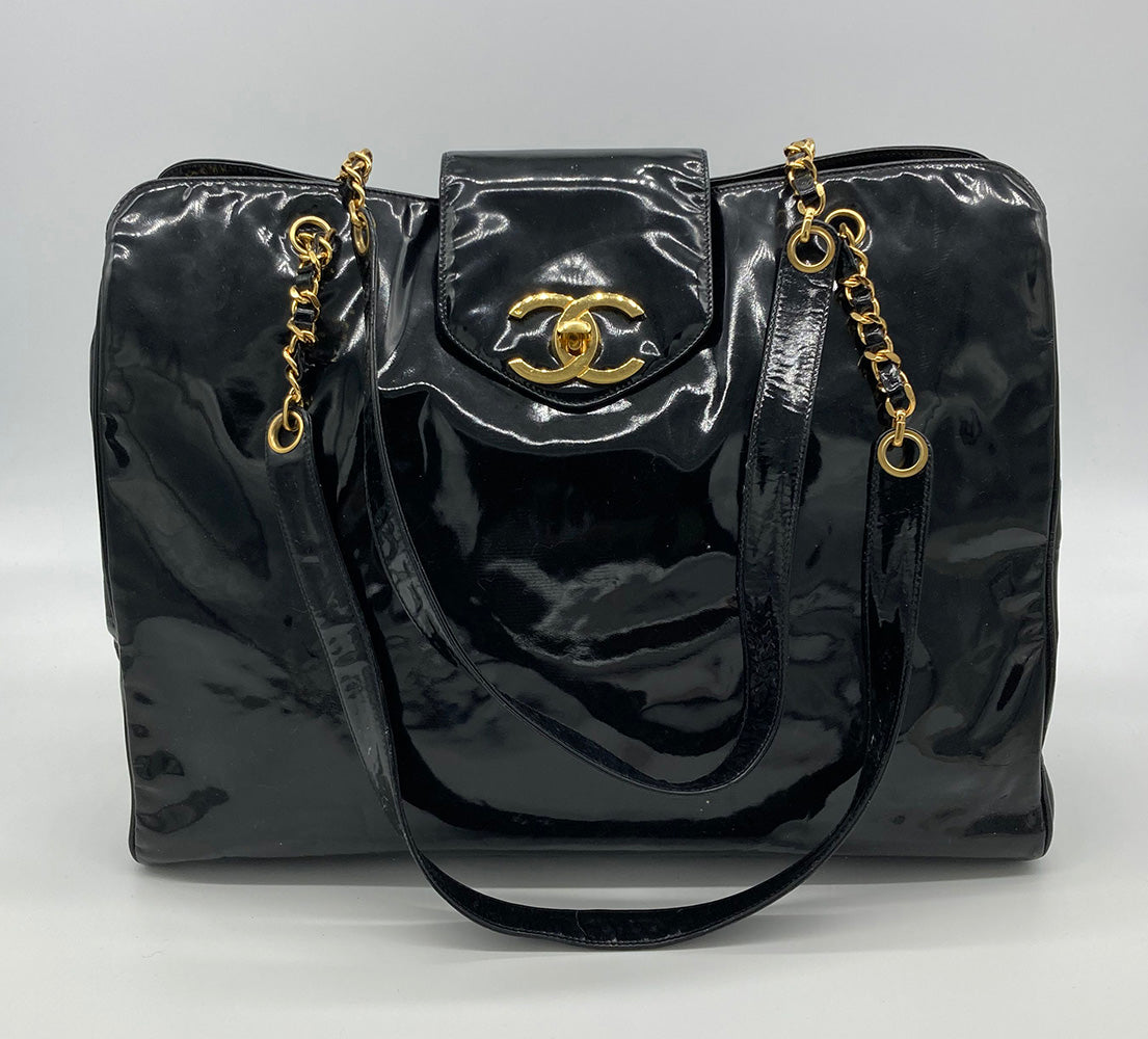 Vintage Chanel Black Patent XL Weekender Super Model Tote