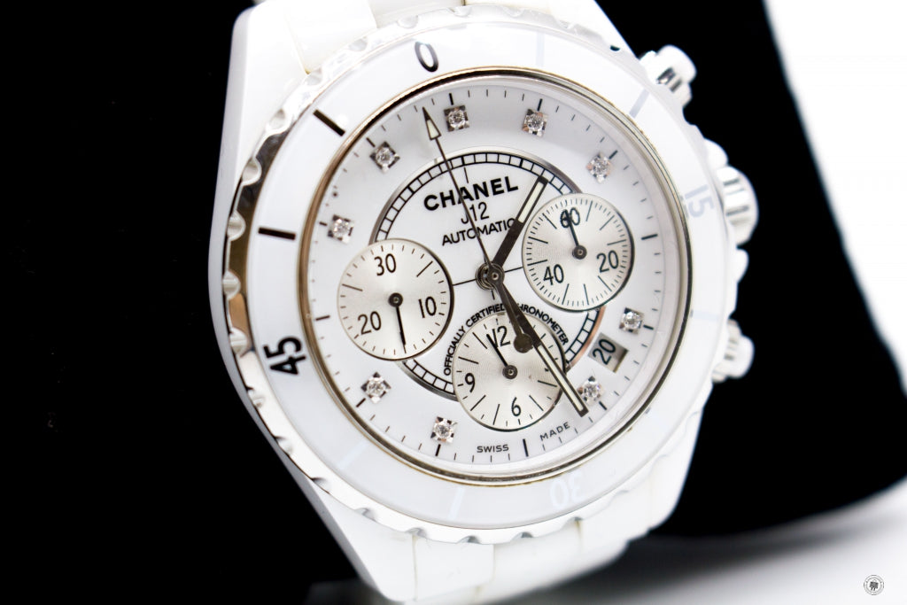 Chanel H2009 J12 Chronograph Watch 41MM Diamond Indicators  White Stainless Steel Watches