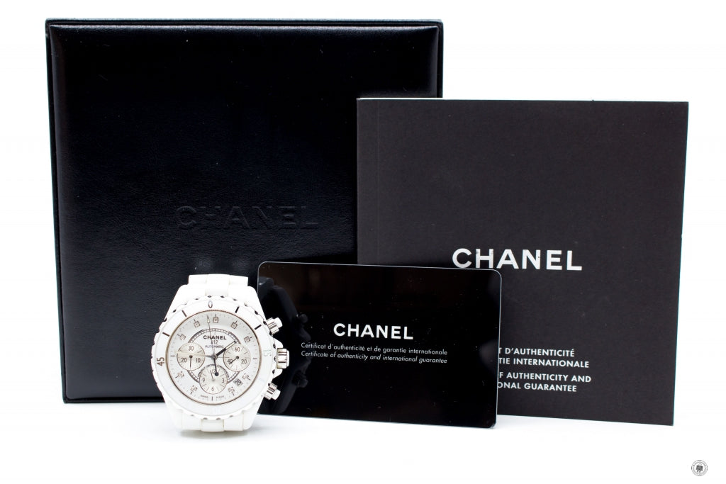 Chanel H2009 J12 Chronograph Watch 41MM Diamond Indicators  White Stainless Steel Watches