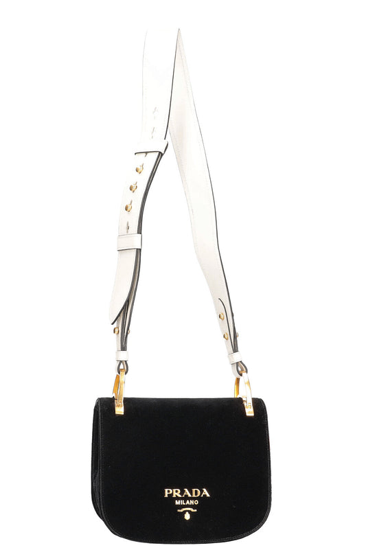 PRADA Pionniere Shoulder Bag Velvet & Leather Black & White