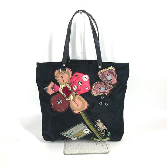 PRADA Tote Bag Nylon, Leather black Embroidery Flower Metal Flower