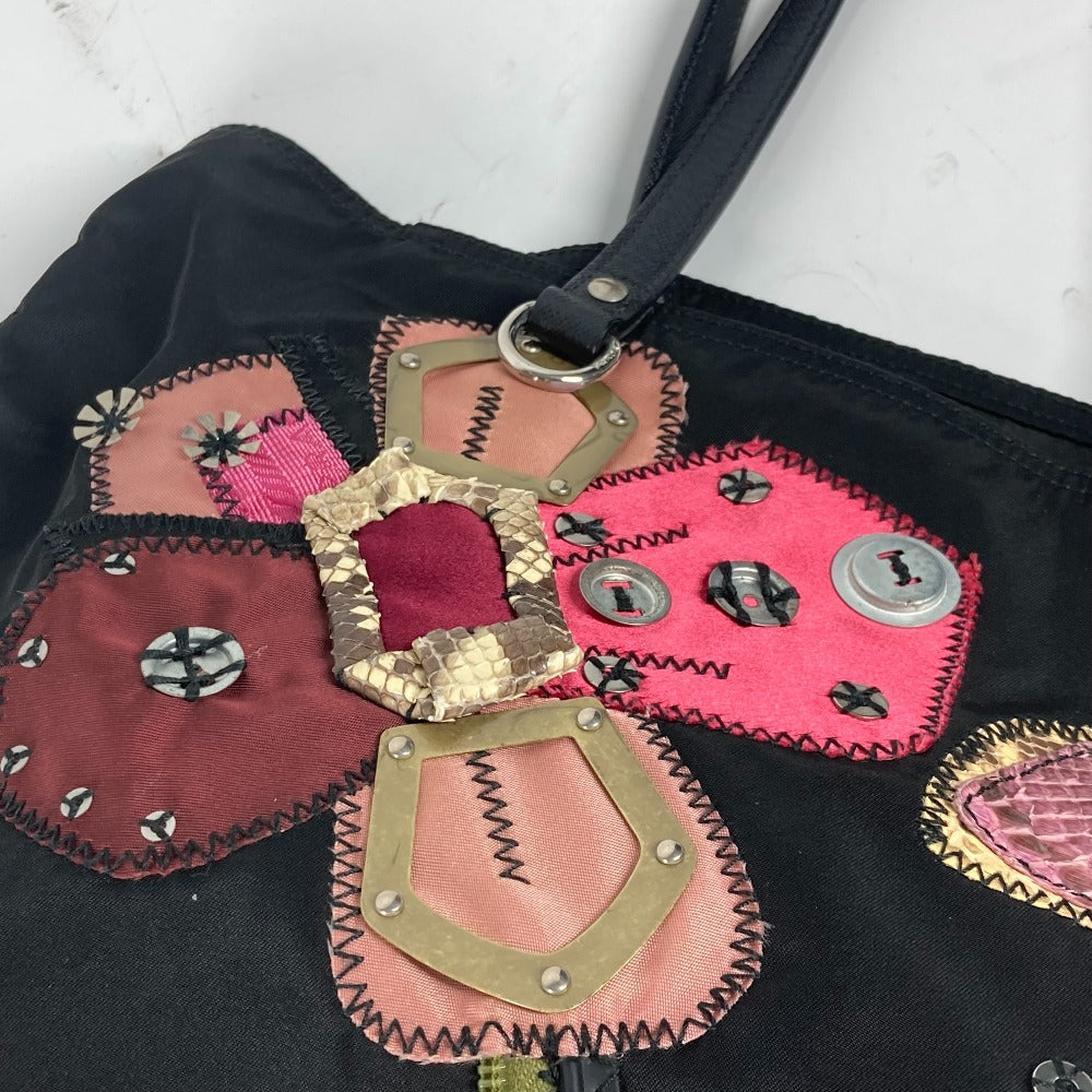 PRADA Tote Bag Nylon, Leather black Embroidery Flower Metal Flower