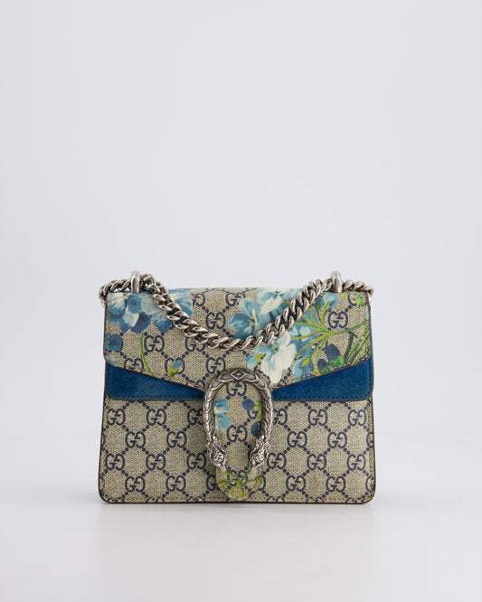 Gucci Brown and Blue Floral Canvas Mini Supreme Dionysus Crossbody Bag With Ruthenium Hardware