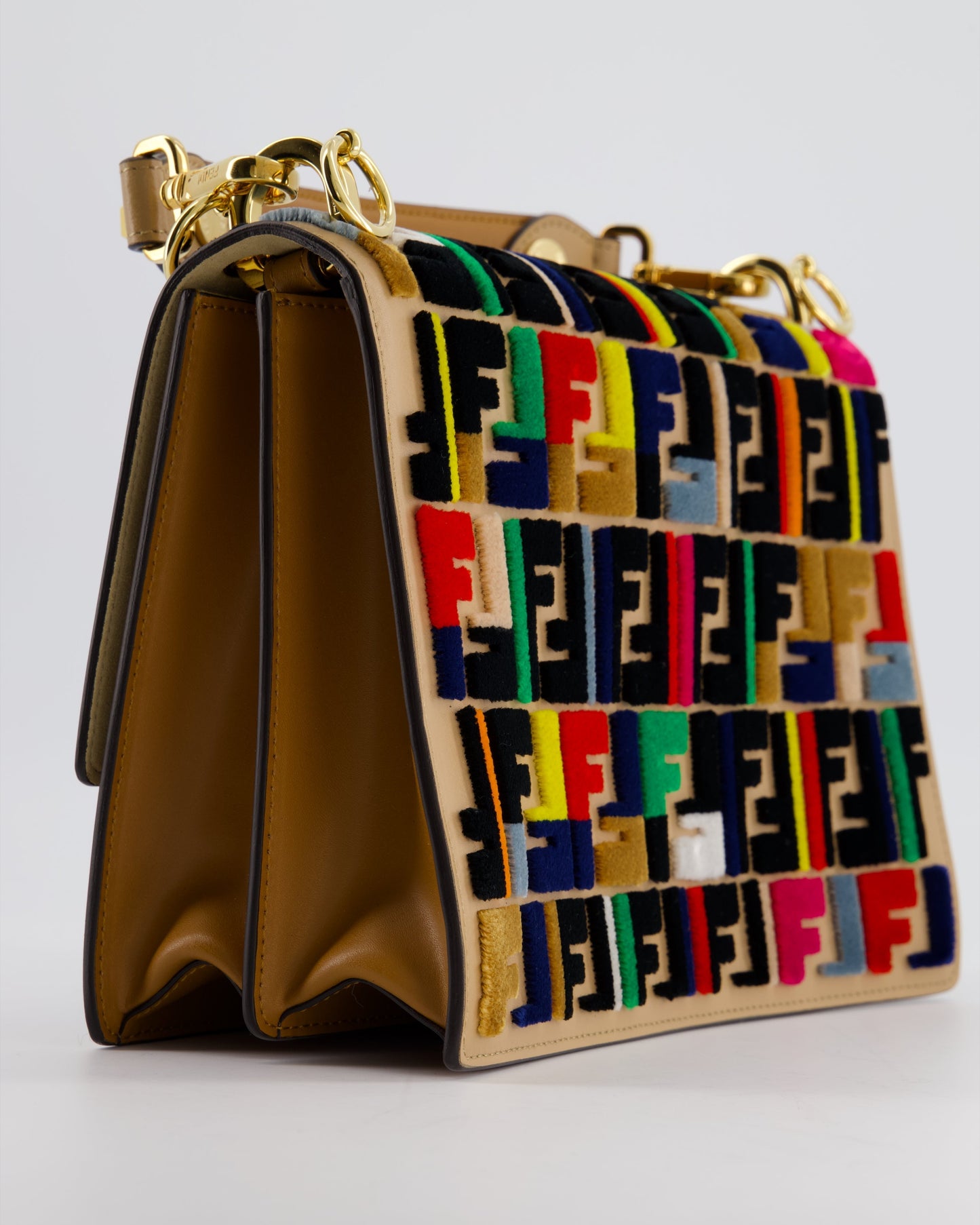 Fendi Leather, Velvet Shoulder Embroidered Studded Medium 'Kan I' Bag with Gold Hardware