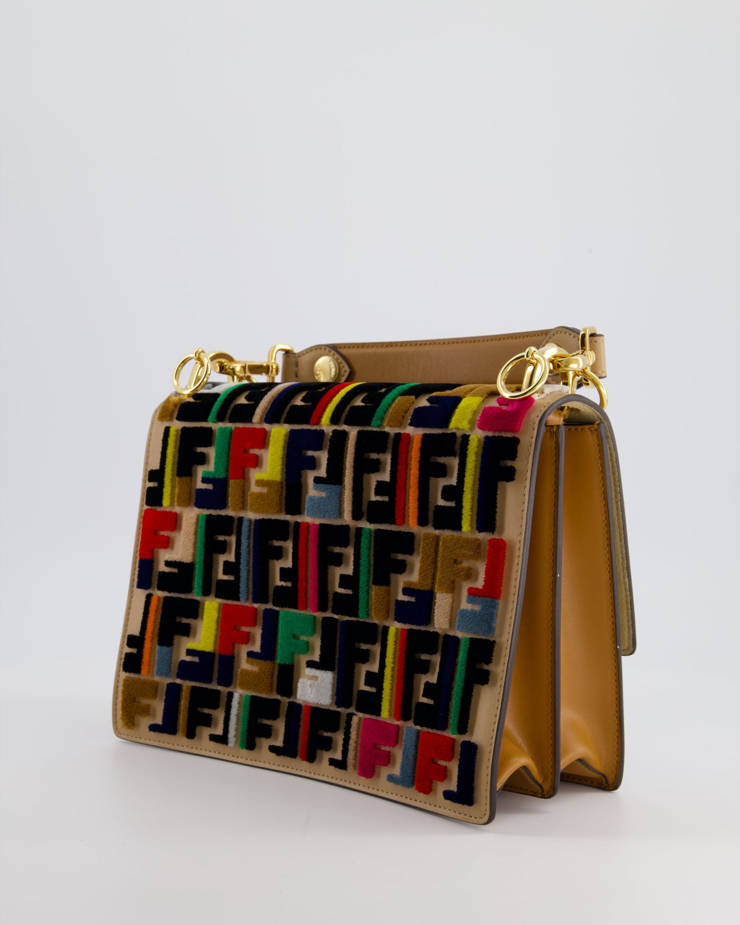 Fendi Leather, Velvet Shoulder Embroidered Studded Medium 'Kan I' Bag with Gold Hardware