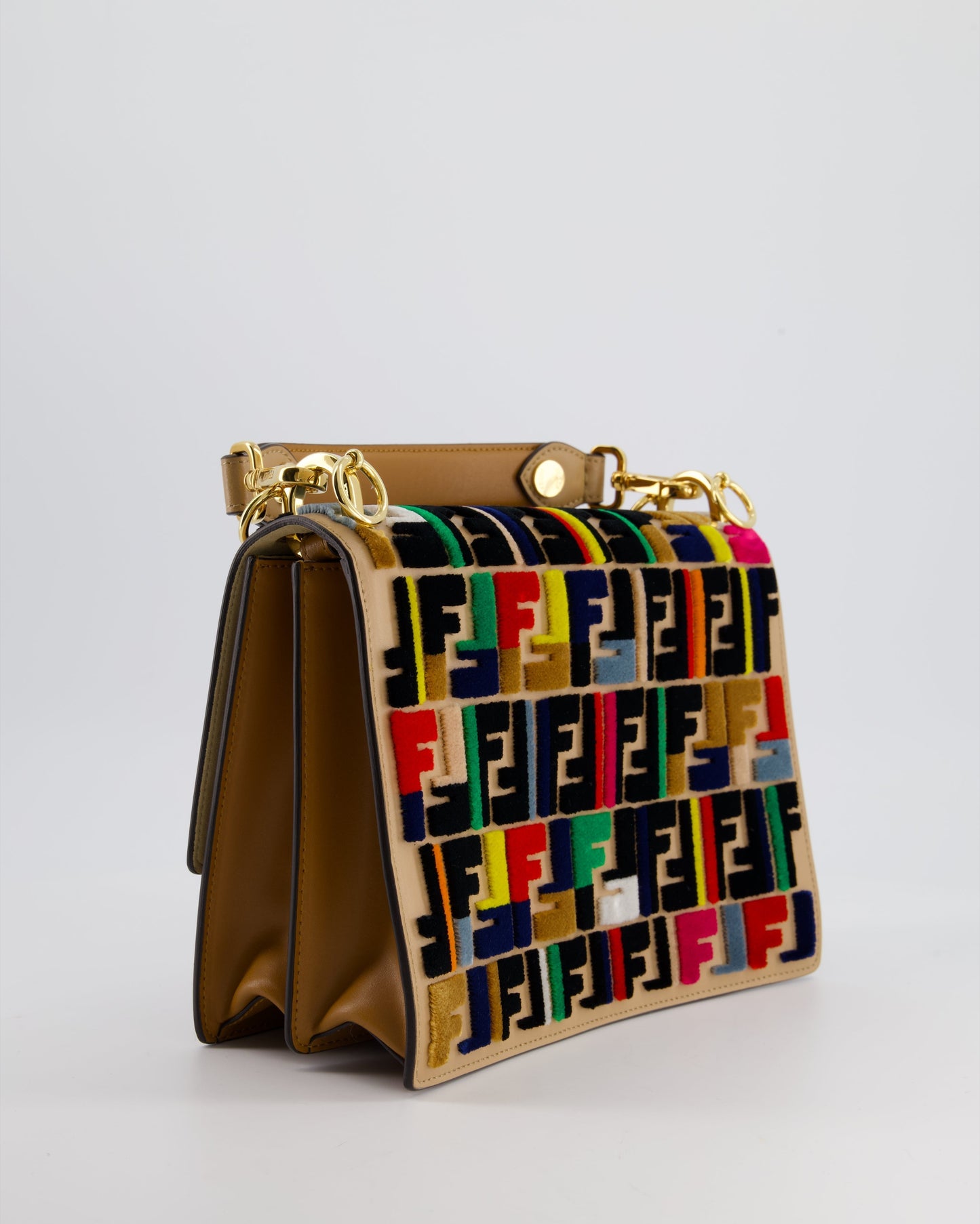 Fendi Leather, Velvet Shoulder Embroidered Studded Medium 'Kan I' Bag with Gold Hardware