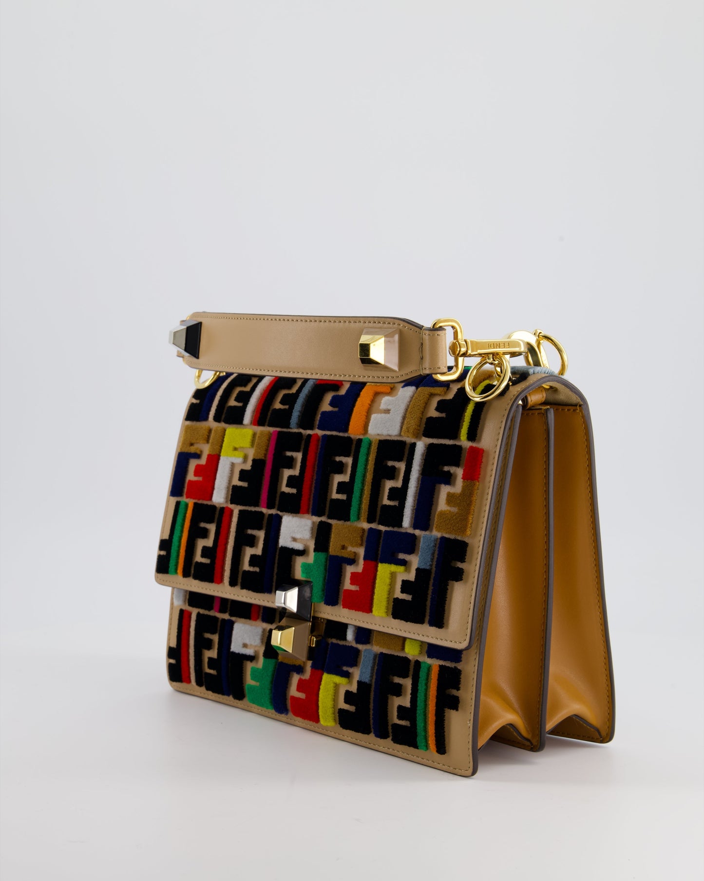 Fendi Leather, Velvet Shoulder Embroidered Studded Medium 'Kan I' Bag with Gold Hardware