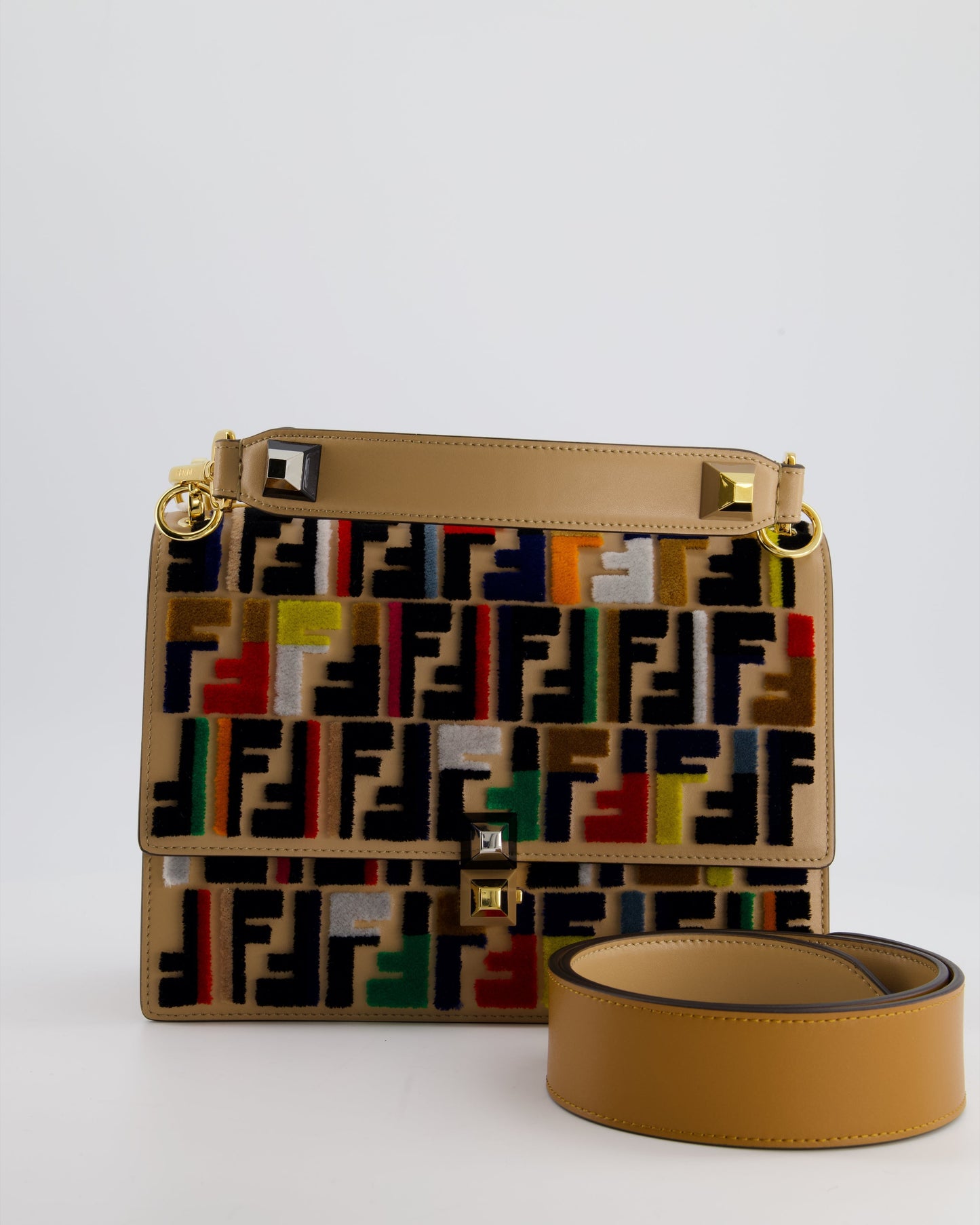 Fendi Leather, Velvet Shoulder Embroidered Studded Medium 'Kan I' Bag with Gold Hardware