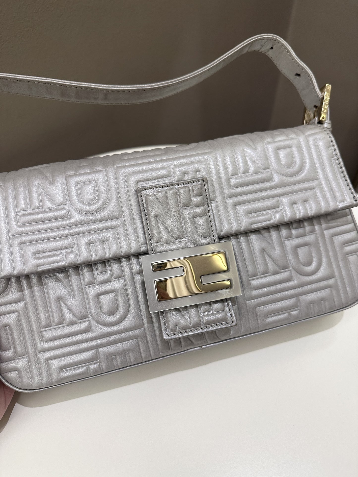 Fendi 2008 Baguette Bag Silver Gray Logo Embossed Leather