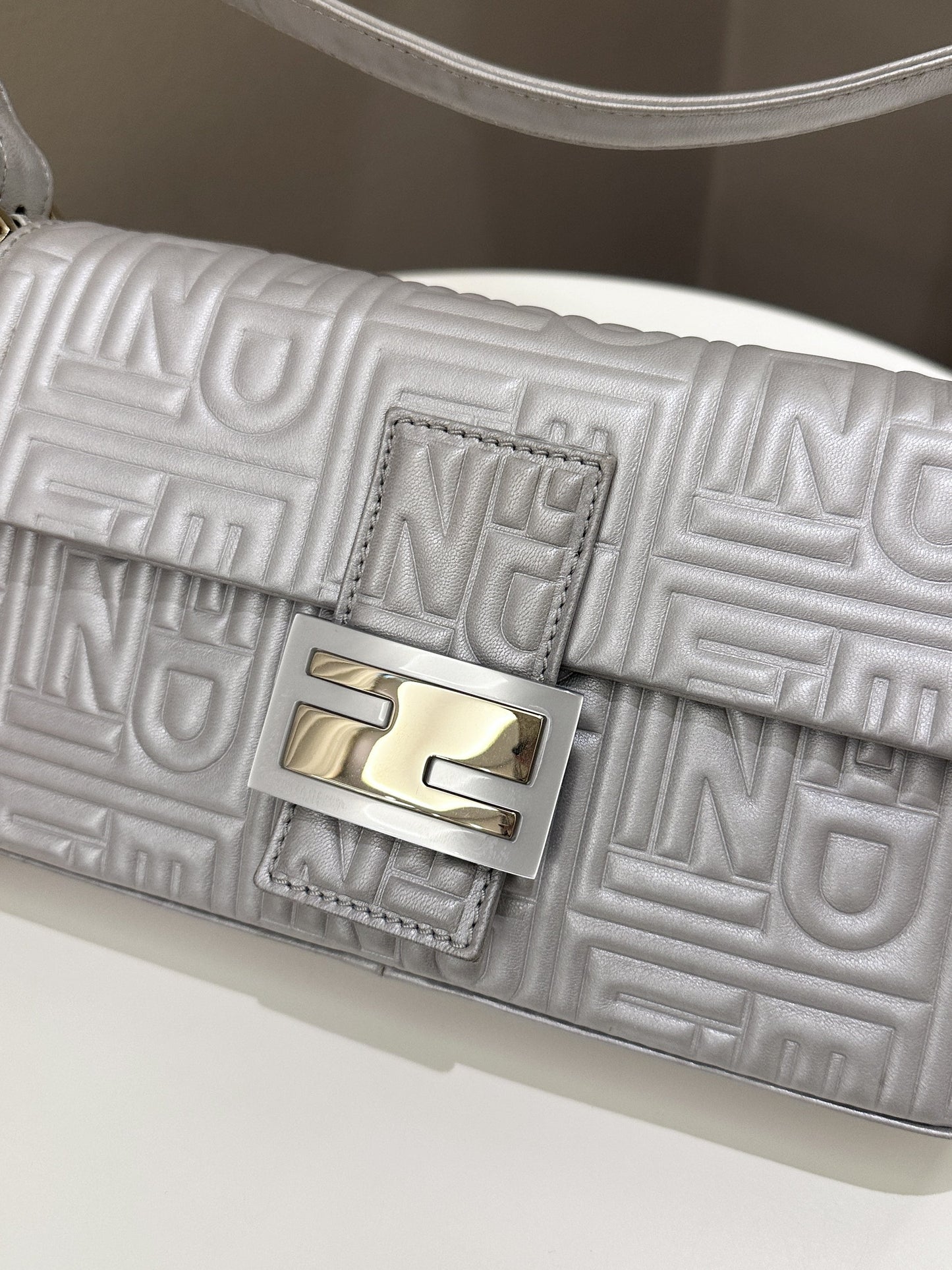 Fendi 2008 Baguette Bag Silver Gray Logo Embossed Leather