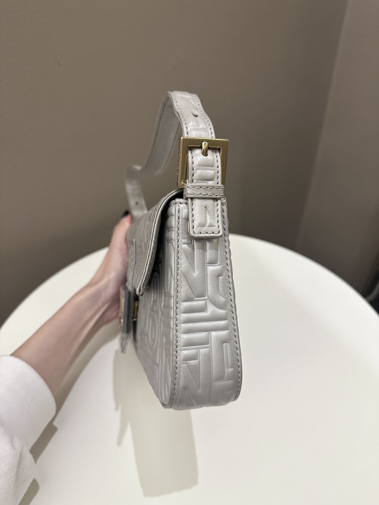 Fendi 2008 Baguette Bag Silver Gray Logo Embossed Leather