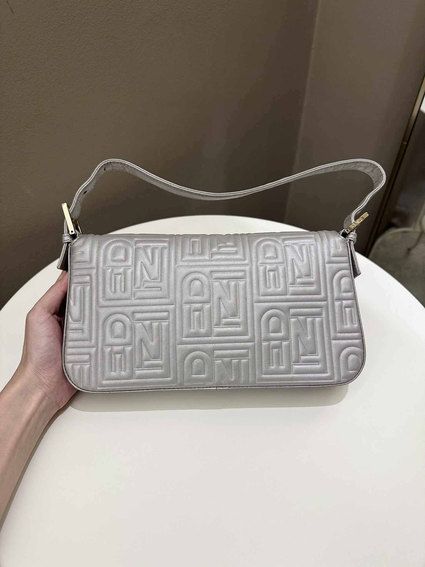 Fendi 2008 Baguette Bag Silver Gray Logo Embossed Leather