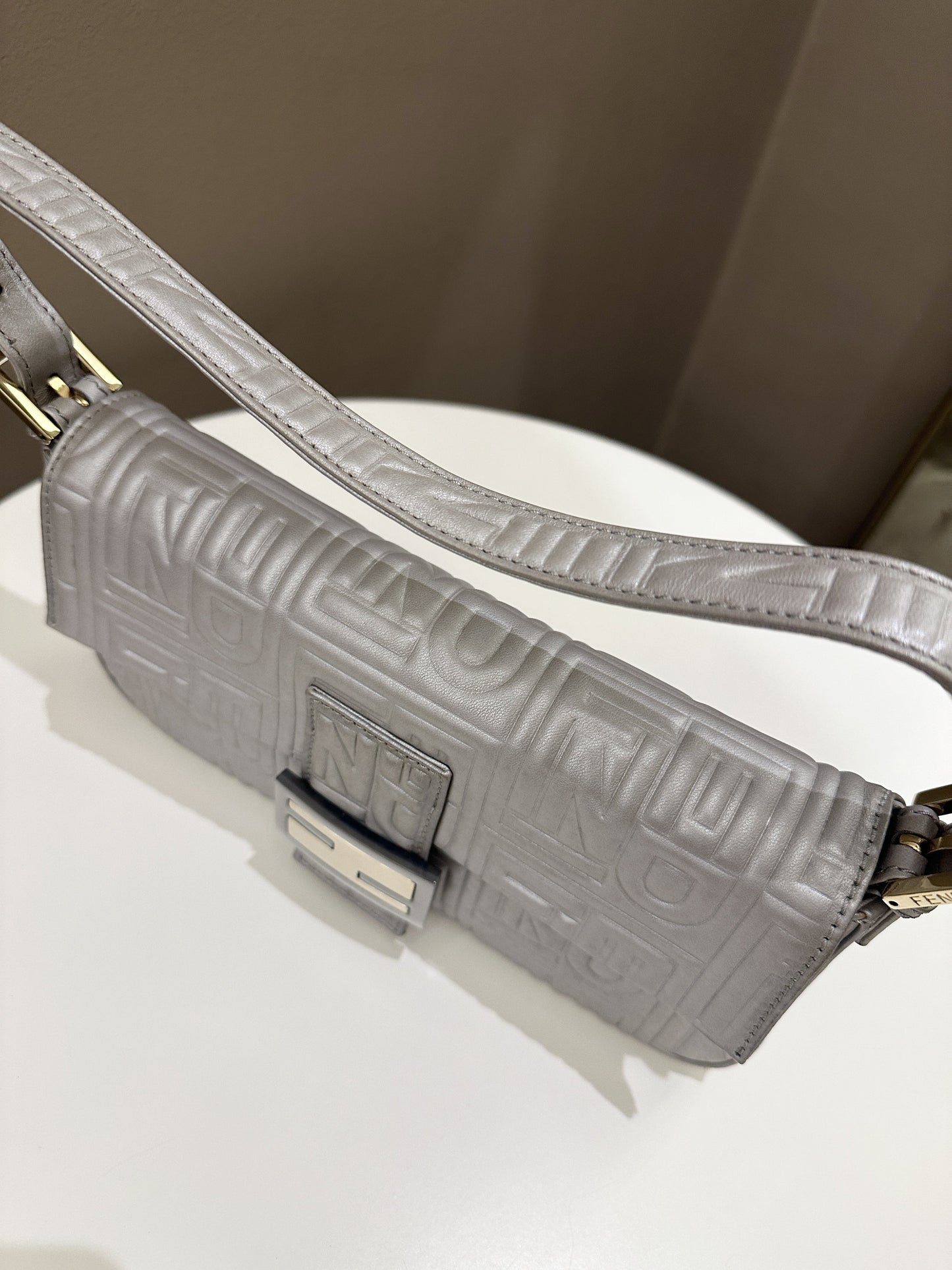 Fendi 2008 Baguette Bag Silver Gray Logo Embossed Leather