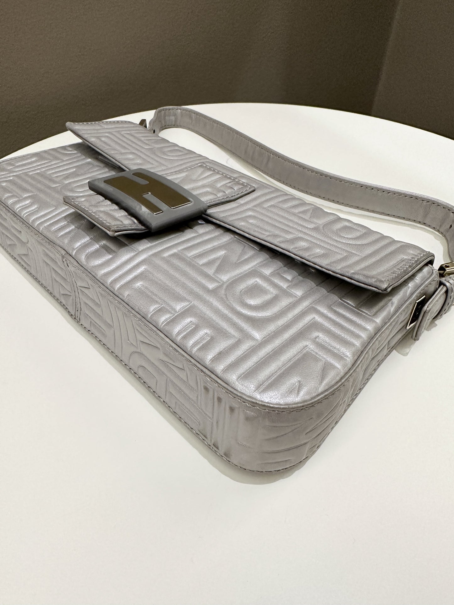 Fendi 2008 Baguette Bag Silver Gray Logo Embossed Leather