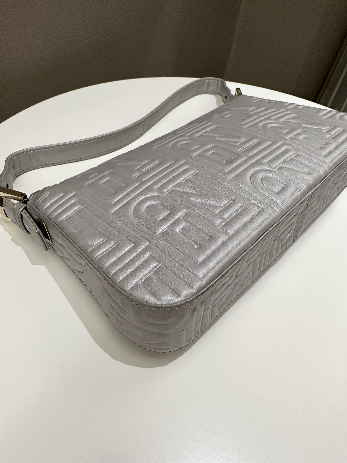 Fendi 2008 Baguette Bag Silver Gray Logo Embossed Leather