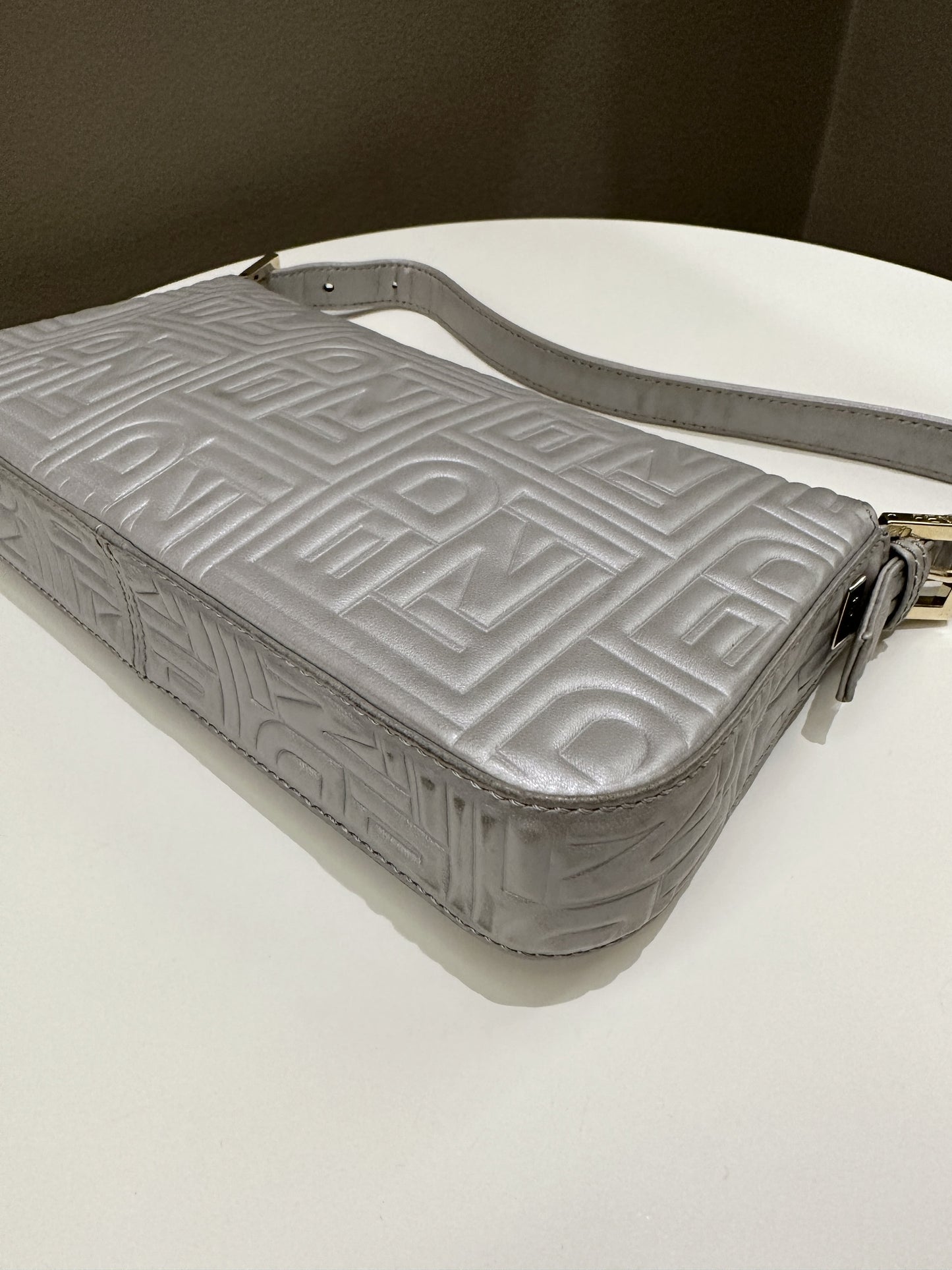 Fendi 2008 Baguette Bag Silver Gray Logo Embossed Leather