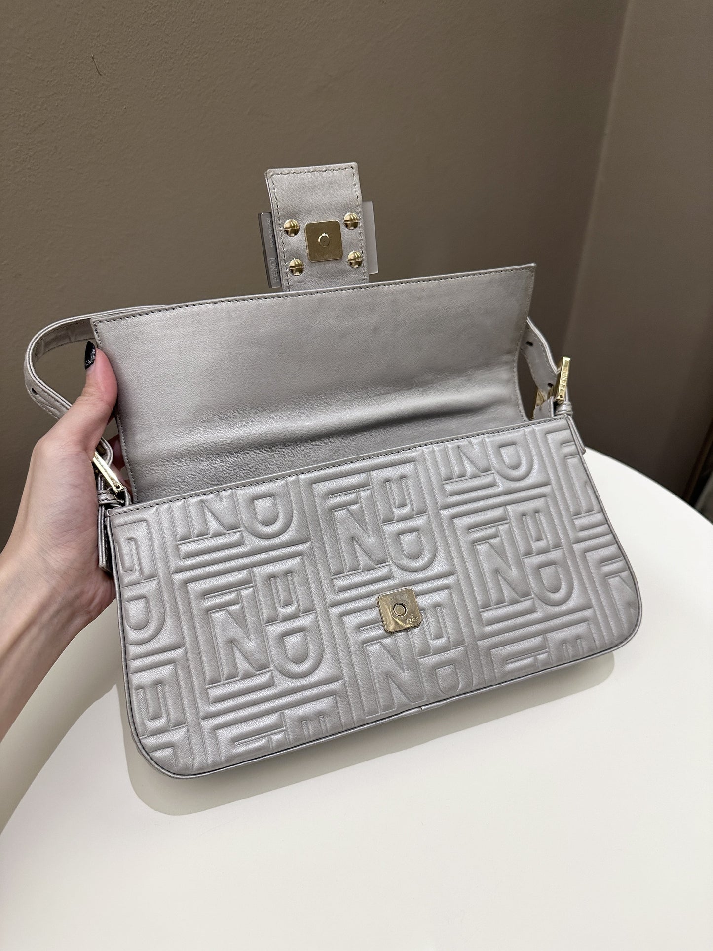 Fendi 2008 Baguette Bag Silver Gray Logo Embossed Leather