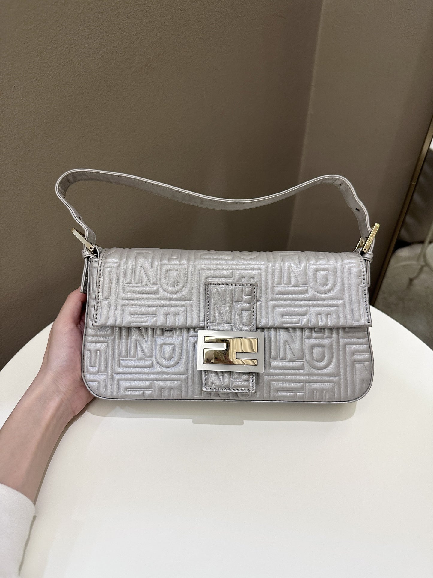 Fendi 2008 Baguette Bag Silver Gray Logo Embossed Leather