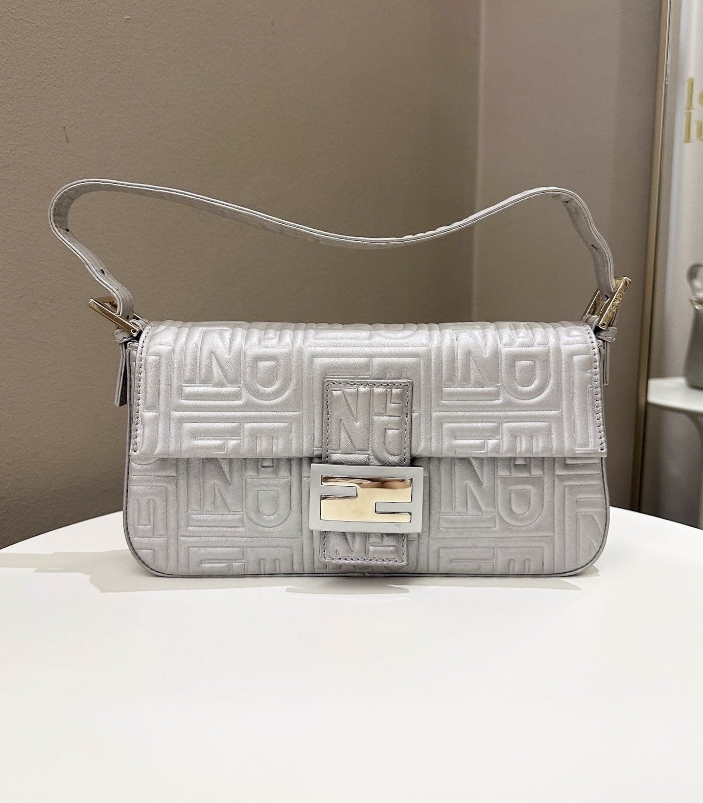 Fendi 2008 Baguette Bag Silver Gray Logo Embossed Leather