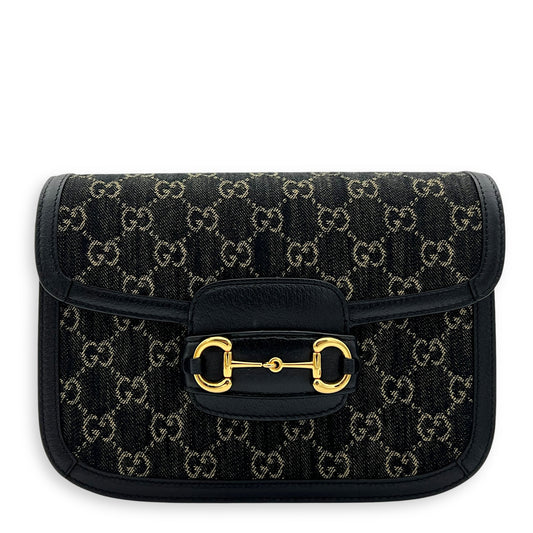 Horsebit 1955 Shoulder Bag Black in Denim, Gold hardware