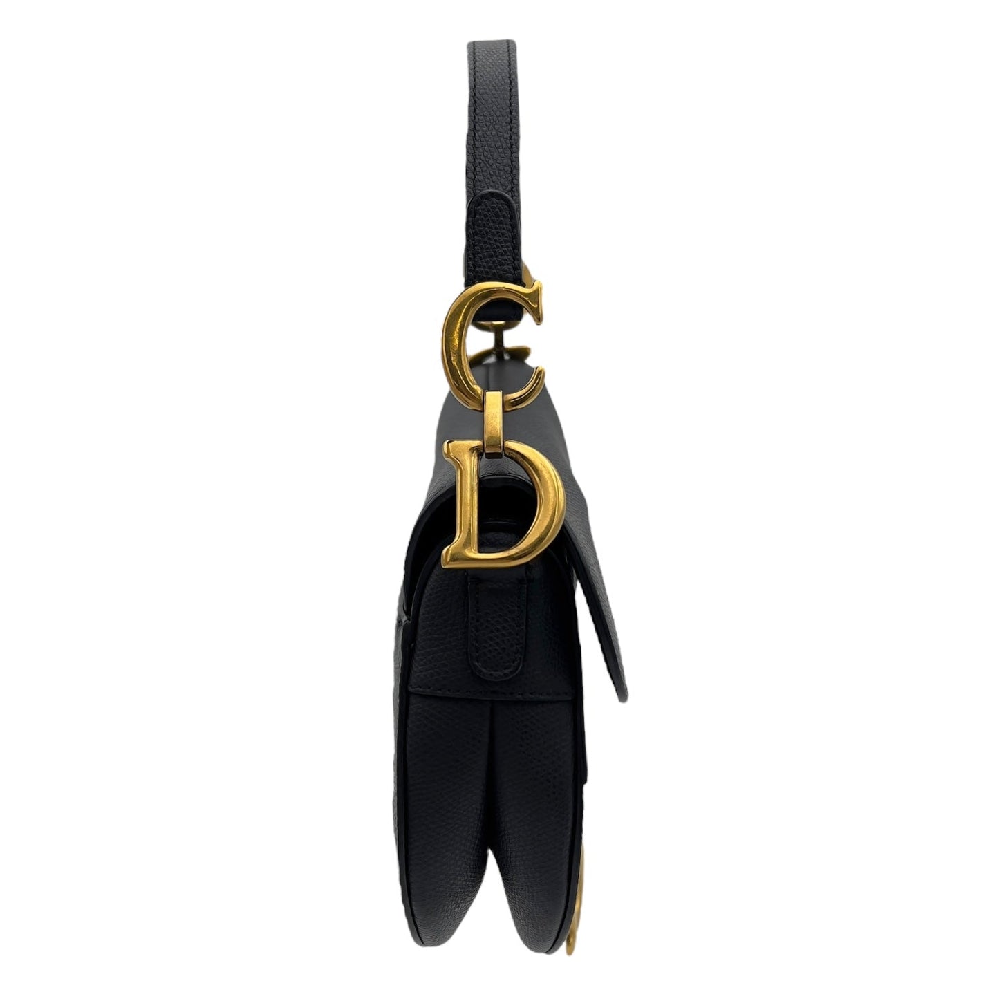 Saddle with Strap Mini Black Crossbody Bag in Calfskin, Brushed Gold hardware