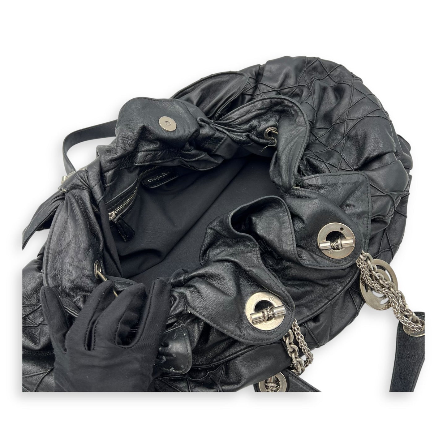 Cannage Shoulder Bag Black in Lambskin, Silver hardware