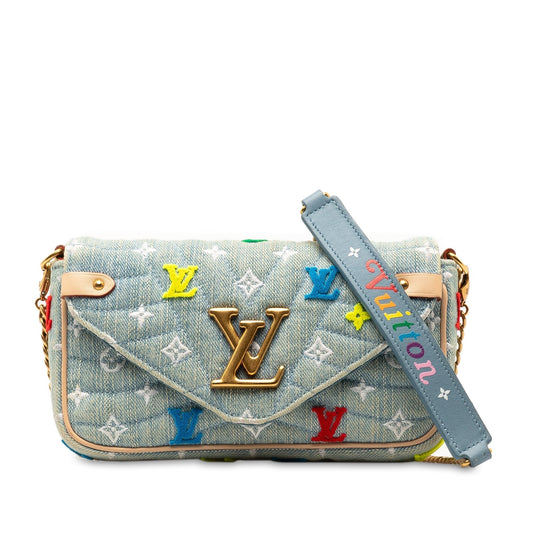 Blue Louis Vuitton Embroidered Monogram Denim New Wave Chain Pochette Crossbody Bag