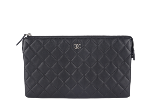 CHANEL BLACK LAMBSKIN QUILTED CLUTCH (2638xxxx) SILVER HARDWARE WITH DUST COVER AND BOX