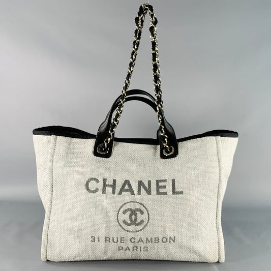 CHANEL Deanville Black Grey Tweed Straw Canvas Tote Leather Handles Handbag