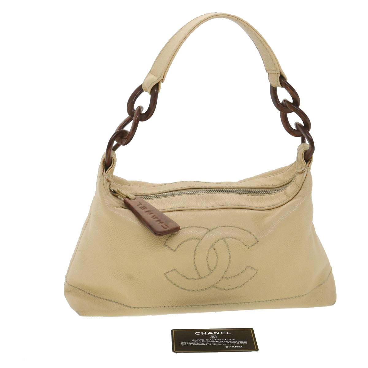 CHANEL Shoulder Bag Caviar Skin Beige CC Auth am3924