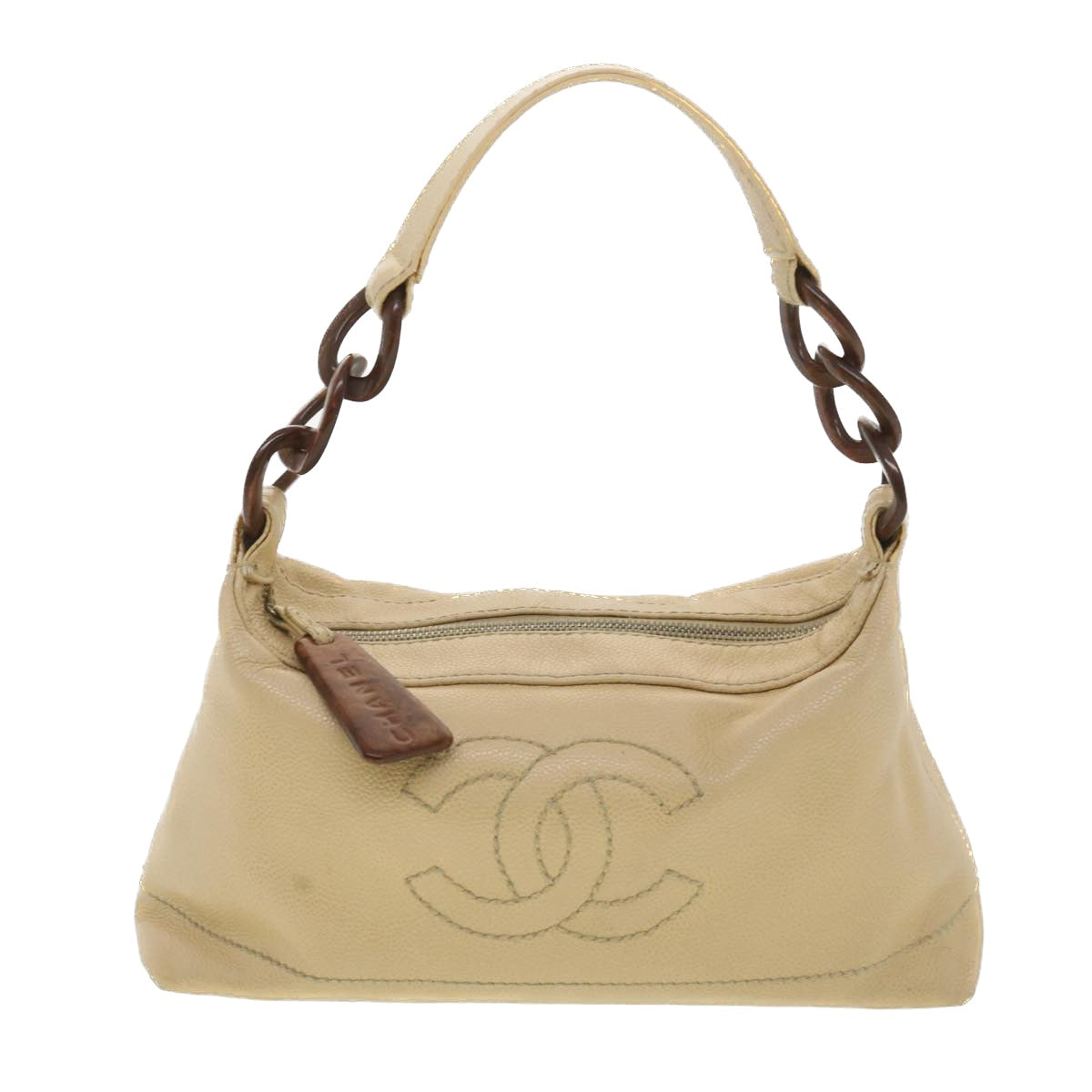 CHANEL Shoulder Bag Caviar Skin Beige CC Auth am3924