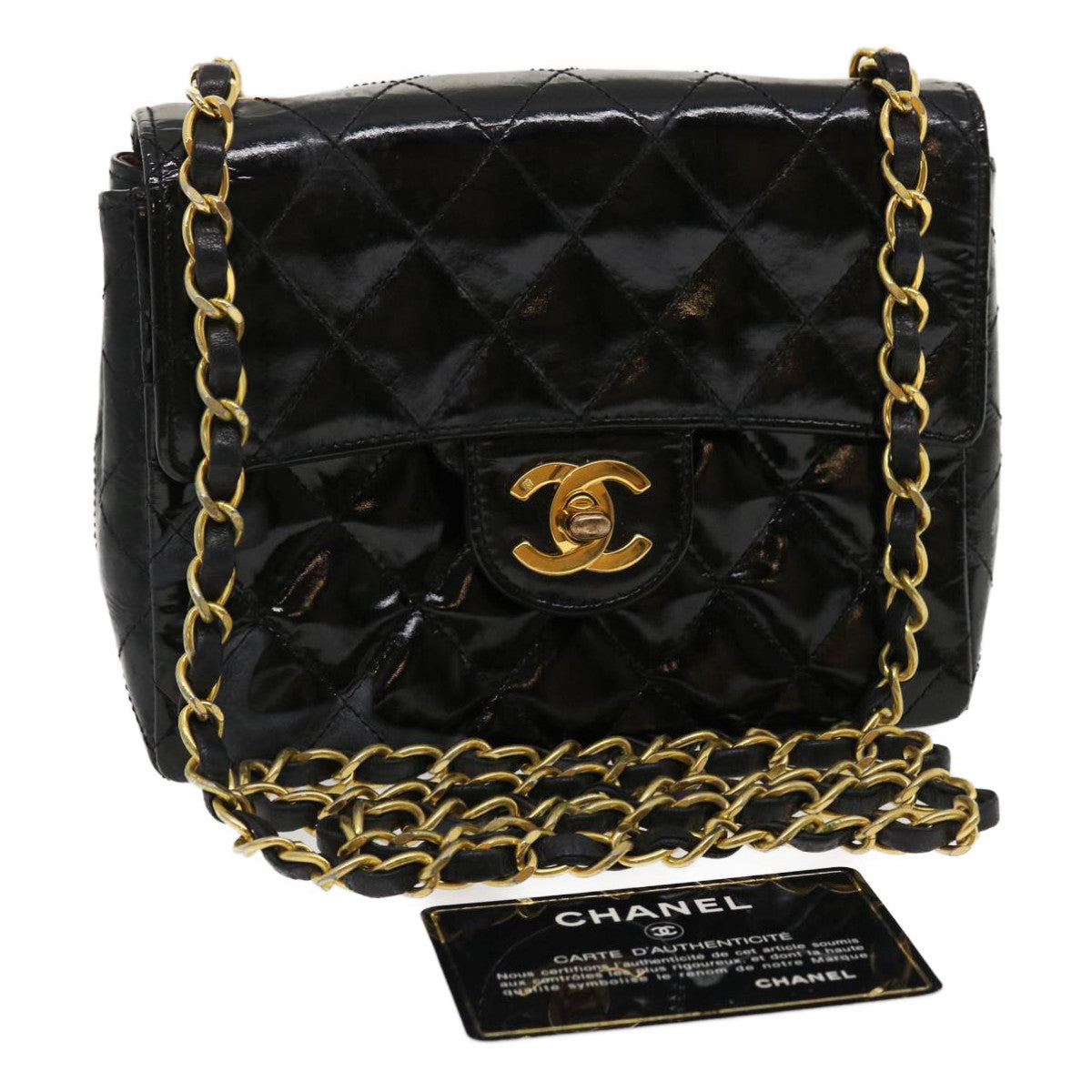 CHANEL Mini Matelasse Chain Flap Shoulder Bag Enamel Black Gold CC Auth ar6839A