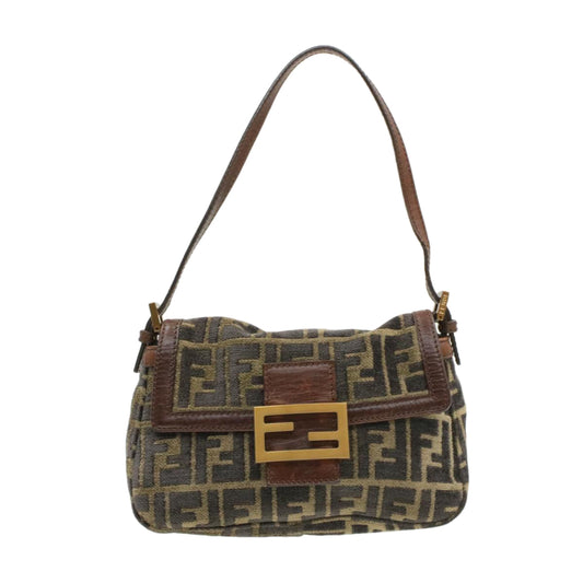 FENDI Mamma Baguette Zucca Canvas Shoulder Bag freeze Black Brown Auth am154b